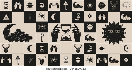 Trendy Linocut Geometrical Celestial Magic background. Design Mystical backdrop in trendy retro style. Celestial wallpaper art. Vector illustration. Aesthetic EPS 10 Editable stroke