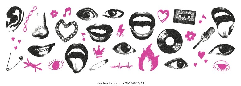 Trendy lips, mouth and eyes with monochrome photocopy effect. Elements in stipple halftone grunge punk doodle scribbles collection. Vector illustration for vintage music poster or banner.