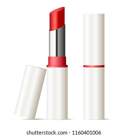 Trendy lipstick mock up set. Makeup cosmetic ads. Vector illustration. Sexy red color. 