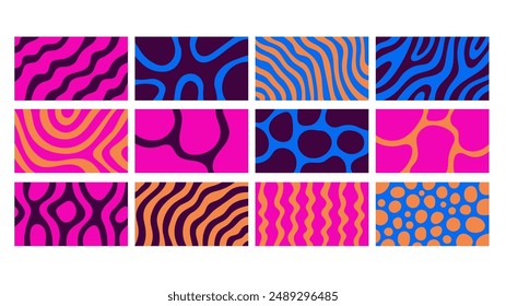 Trendy Liquid Abstract 1920x1080 Backgrounds set. Modern wavy fluid colorful texture with curvy lines spots and shapes. Vector illustration