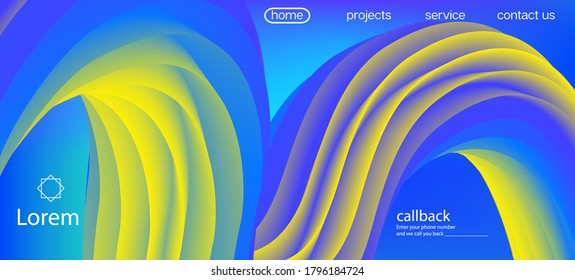 Trendy Liquid Wave Banner. Landing Page, Yellow, Blue Background. Dynamic Motion Funky Wave. Neon Color Website Design. 3d Fluid Lucid Vector Background. Futuristic Bright Gradient Wallpaper.