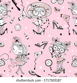 Trendy little cute girls who want to look like adults. Fashionistas with women's accessories. Seamless pattern. Vector.