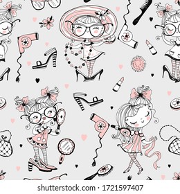 Trendy little cute girls who want to look like adults. Fashionistas with women's accessories. Seamless pattern. Vector.