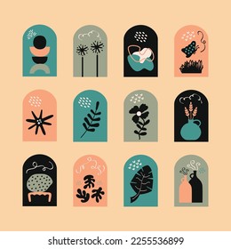 Trendy little frames with abstract retro art design elements and motifs set on pink background
