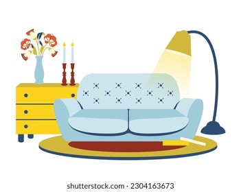 Trendy living room. Cozy house interior. Home furniture. Sofa, commode, flowers in vase, carpet, lamp in cozy house interior. Trendy indoor template. Vector flat cartoon illustration