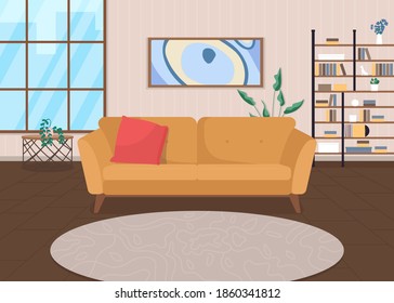 Trendy living room flat color vector illustration. Home furniture. Couch for relaxation. Modern sofa. Comfortable accommodation 2D cartoon interior with abstract painting on background