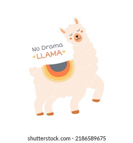 Trendy llama illustration vector. Color flat children’s illustration, poster, print with cute smiling llama and lettering no drama llama on a white background. Alpaca. Cute baby animals.