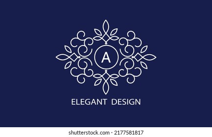 Trendy logo design template. Simple and clear initials A with ornate frames and blue background, suitable for restaurants, hotels, cafes, shops, fashion, beauty salons, etc.