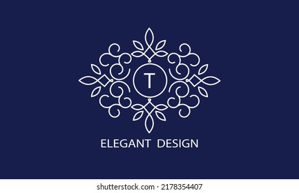 Trendy logo design template. Simple and clear initials T with ornate frames and blue background, suitable for restaurants, hotels, cafes, shops, fashion, beauty salons, etc.