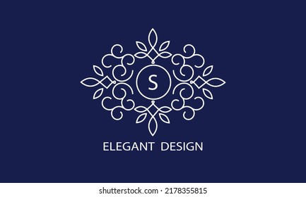 Trendy logo design template. Simple and clear initials S with ornate frames and blue background, suitable for restaurants, hotels, cafes, shops, fashion, beauty salons, etc.
