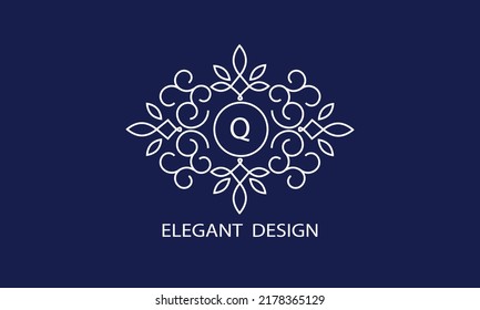 Trendy logo design template. Simple and clear initials Q with ornate frames and blue background, suitable for restaurants, hotels, cafes, shops, fashion, beauty salons, etc.
