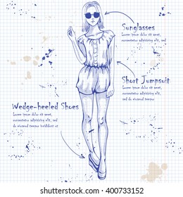 Trendy look on a notebook page. Glamor stylish beautiful young woman model. 