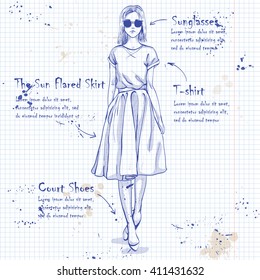 Trendy look on a notebook page. Glamor stylish beautiful young woman model. 