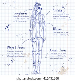 Trendy look on a notebook page. Glamor stylish beautiful young woman model. 
