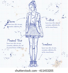 Trendy look on a notebook page. Glamor stylish beautiful young woman model. 
