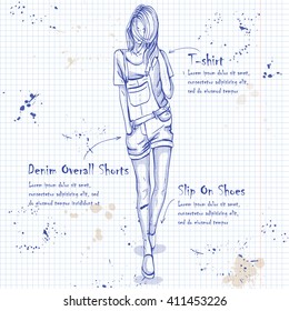 Trendy look on a notebook page. Glamor stylish beautiful young woman model. 
