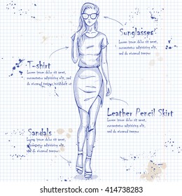 Trendy look on a notebook page. Glamor stylish beautiful young woman model. 