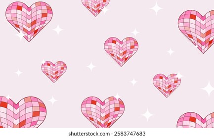 Trendy lovely pattern with heart shaped disco balls and star shapes. Abstract festive design in pink colors palette. Retro Valentines day banner template.