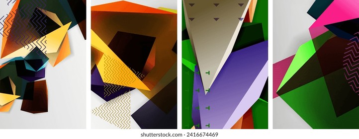 Trendy low poly 3d triangle shapes and other geometric elements background designs for wallpaper, business card, cover, poster, banner, brochure, header, website
