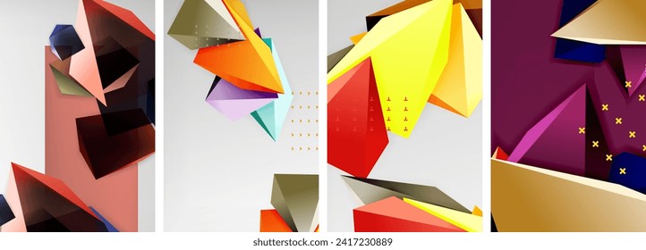 Trendy low poly 3d triangle shapes and other geometric elements background designs for wallpaper, business card, cover, poster, banner, brochure, header, website