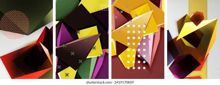 Trendy low poly 3d triangle shapes and other geometric elements background designs for wallpaper, business card, cover, poster, banner, brochure, header, website