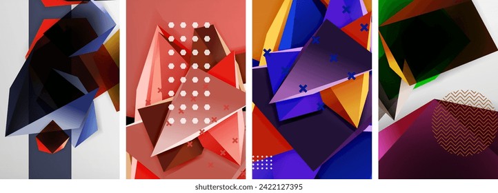 Trendy low poly 3d triangle shapes and other geometric elements background designs for wallpaper, business card, cover, poster, banner, brochure, header, website
