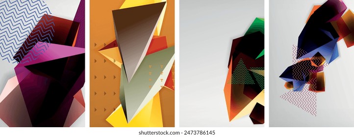 Trendy low poly 3d triangle shapes and other geometric elements background designs for wallpaper, business card, cover, poster, banner, brochure, header, website