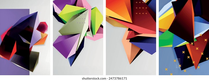 Trendy low poly 3d triangle shapes and other geometric elements background designs for wallpaper, business card, cover, poster, banner, brochure, header, website