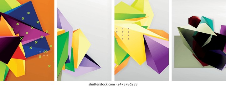 Trendy low poly 3d triangle shapes and other geometric elements background designs for wallpaper, business card, cover, poster, banner, brochure, header, website