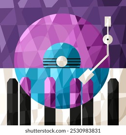 Moderno arte de baja poli con reproductor de discos de vinilo. Diseño de Plantilla de póster de música Low Poly geométrica moderna. Ilustración vectorial para obras de arte interiores. EPS 10