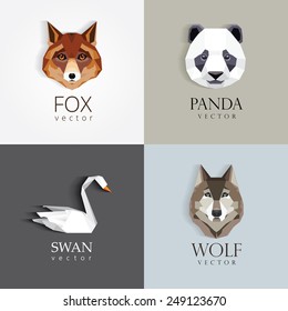 trendy low polygon style animal logos for business visual identity -swan, fox, panda bear and wolf- modern geometric triangular style