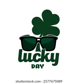 trendy lucky typography with sunglasses and clover leaves for st. patrick’s day