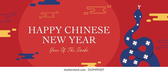 Trendy Lunar new year, Chinese new year 2025 and year of the Snake with Chinese snake zodiac and abstract illustration in red minimal background, geometric design for card, poster, banner, flyer, web.