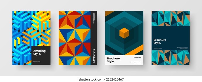 Trendy magazine cover A4 vector design concept bundle. Vivid geometric shapes company brochure layout composition.