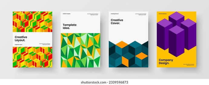 Trendy magazine cover design vector illustration composition. Bright geometric hexagons front page template collection.