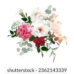Trendy magenta and barbie pink color vector design bouquet. Pink rose, white peony, dark orchid, hot pink hydrangea, ivory calla lily, eucalyptus. All elements are isolated and editable on white.
