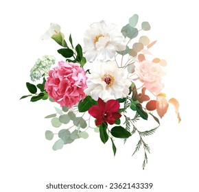 Trendy magenta and barbie pink color vector design bouquet. Pink rose, white peony, dark orchid, hot pink hydrangea, ivory calla lily, eucalyptus. All elements are isolated and editable on white.