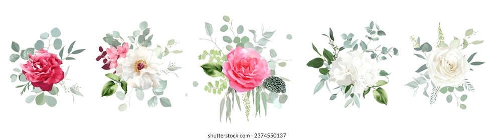 Trendy magenta and barbie pink color vector design bouquets. White peony, hot pink rose, ranunculus, hydrangea, greenery, carnation, green eucalyptus. All elements are isolated and editable on white