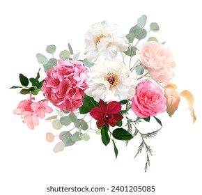 Trendy magenta and barbie pink color vector design bouquet. Blush pink rose, white peony, dark orchid, hot pink hydrangea, mint green eucalyptus. All elements are isolated and editable on white.