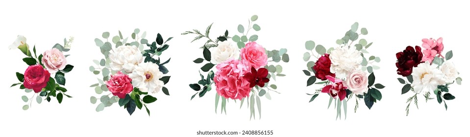 Trendy magenta and barbie pink color vector design bouquets. Blush pink rose, white dahlia, hot pink hydrangea, ranunculus, calla, mint green eucalyptus.All elements are isolated and editable on white