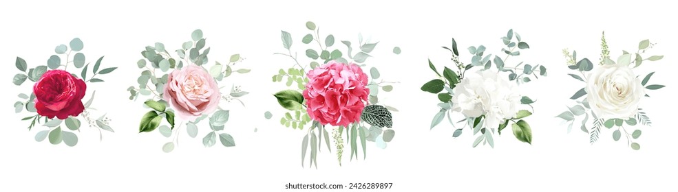 Ramos de diseño vectorial de color magenta y rosa barbie de moda. Rosa rosada rubor, rosa blanca, hortensias rosadas y blancas calientes, ranúnculo, eucalipto verde. Todos los elementos están aislados y editables en blanco