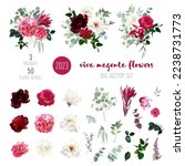 Trendy magenta bouquets vector design big set. Hot pink roses, barbie pink ranunculus, white peony, dark orchid, hydrangea, ivory magnolia, carnation. All elements are isolated and editable on white. 
