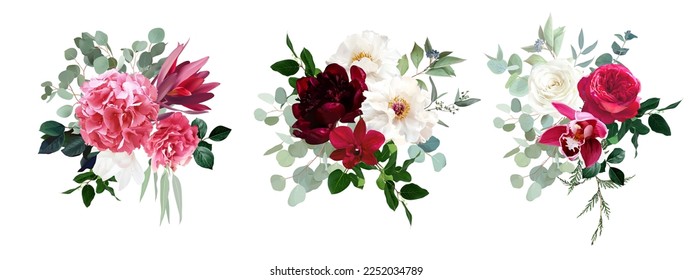 Trendy magenta bouquets vector design bouquets. Hot pink roses, barbie pink ranunculus, white peony, dark orchid, hydrangea, ivory magnolia, carnation. All elements are isolated and editable on white.