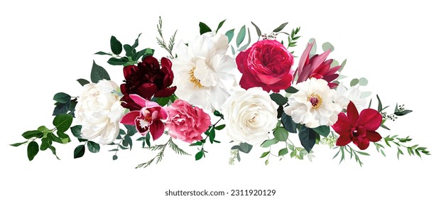 bouquet de diseño vectorial de moda con ramos de magenta. Rosas rosadas calientes, ranunculus rosado barbie, peonía blanca, orquídea oscura, hidrangea, magnolia de marfil, clavel. Todos los elementos están aislados y se pueden editar en blanco.