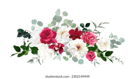 Trendy magenta flowers vector design bouquet. Hot pink roses, barbie pink ranunculus, white peony, dark orchid, ivory magnolia, carnation wedding floral.All elements are isolated and editable on white