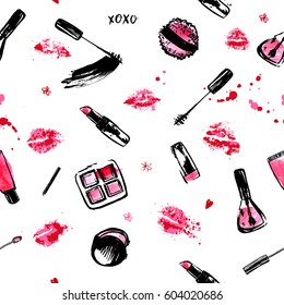 Trendy Make Up Hand drawn seamless pattern. fashion style cosmetics with nail polish, lipstick, mascara, brush, lip gloss, lips. Pink and black