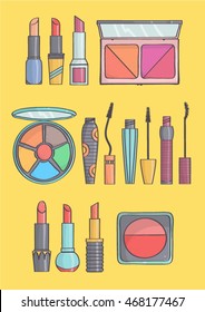 Trendy makeup collection on yellow background. Vector set of lipsticks, mascaras, blushes and eye shadows.