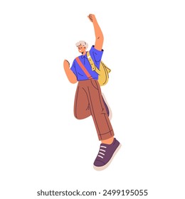 Personaje masculino de moda en ropa de moda, Ilustración vectorial plana de dibujos animados. Adolescente estudiante aislado con accesorios y ropa. Modelo en estilo de traje popular, calzado y bolso