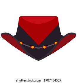 Trendy male cowboy hat flat vector. Red and black headdress with wide brim isolated on white background. Carnival cap illustration