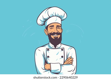 Trendy man cook holds and smile on a light blue and blue background, vector flat illustration, restaurant concept, cooking сoncept